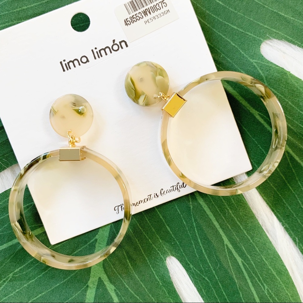 Acrylic Earrings Dangling Hoops Yellow Green - Picture 2 of 7